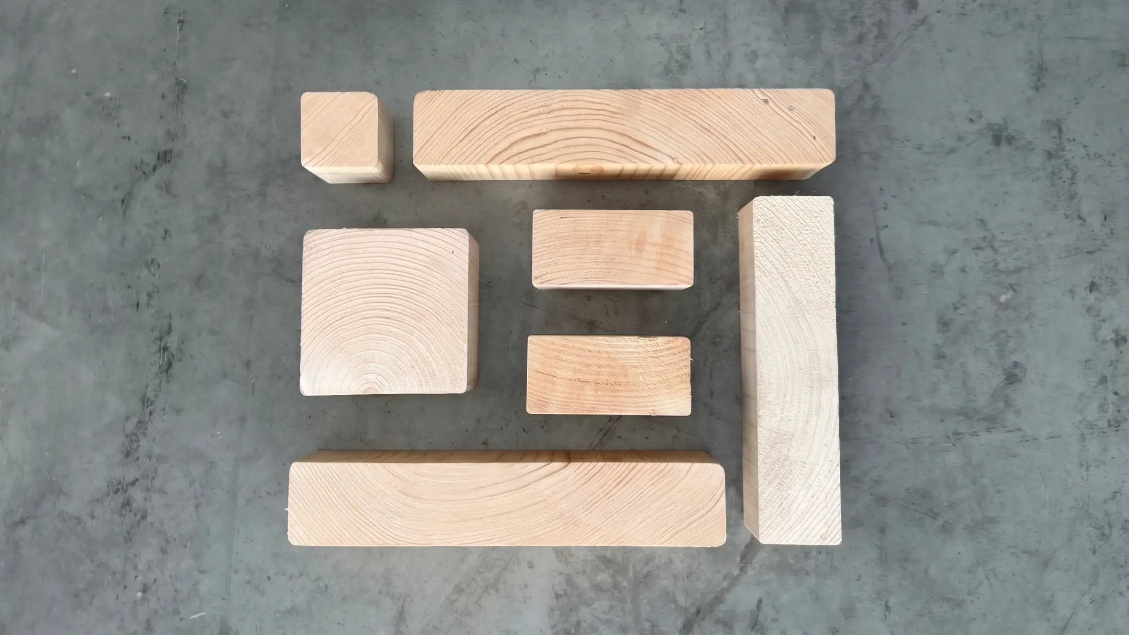 Planed construction timber sections of different sizes on a concrete floor