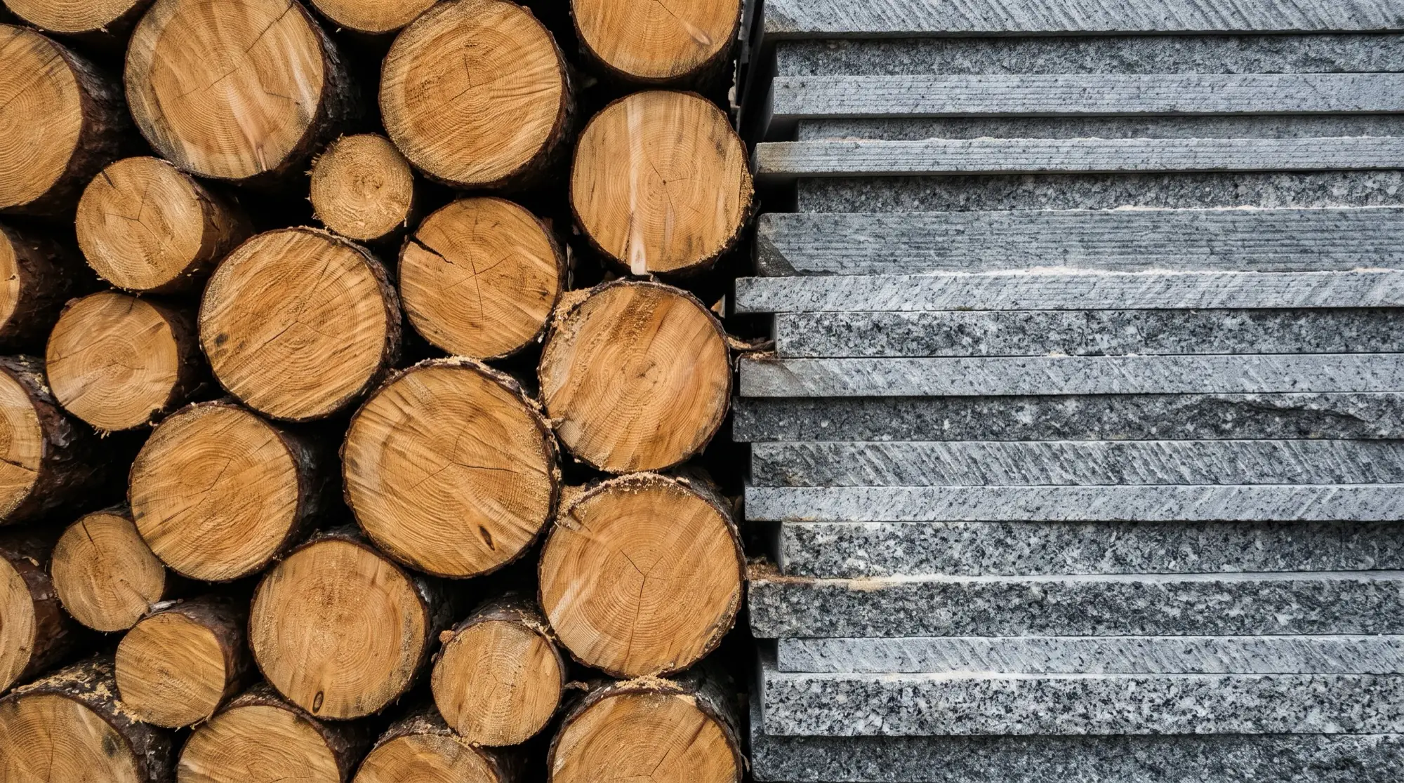 Log ends beside a stack of sawn granite slabs