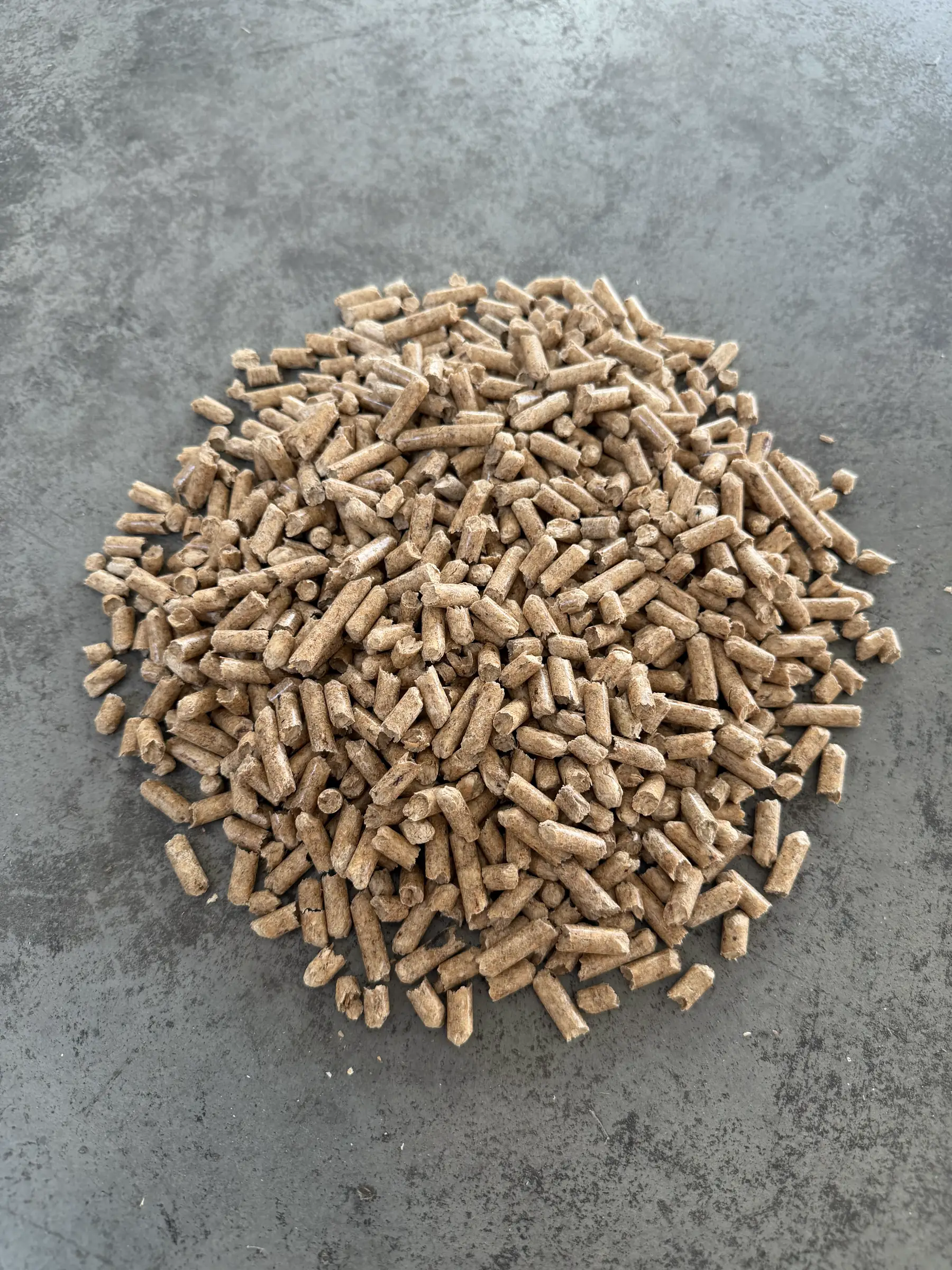 Pile of wood pellets on a concrete floor